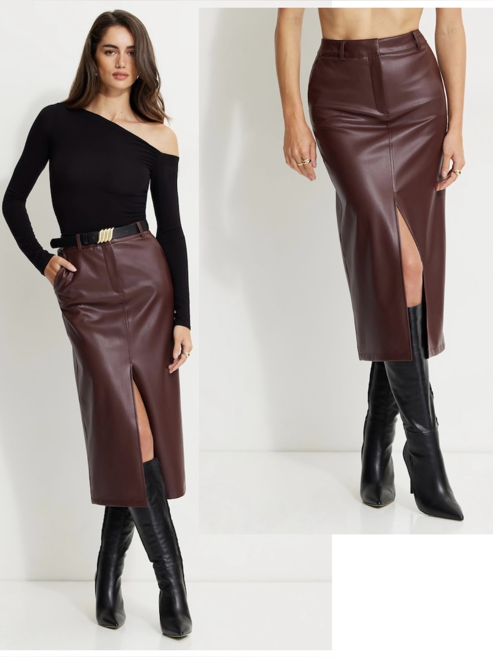 Dynamite burgundy Danbi faux leather Pleather vegan midi skirt Sz S NWOT